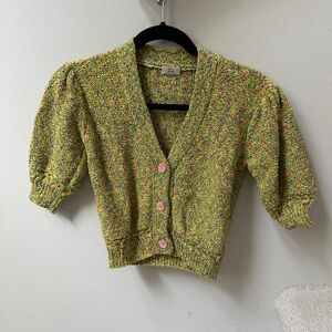 Aritzia Little Moon Green and Pink Knit Short Sleeve Cardigan Sweater XXS